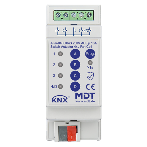 KNX spínací aktor 4násobný, řada AKK, 2M, 16A, 230 V, 70µ, fancoil, Secure