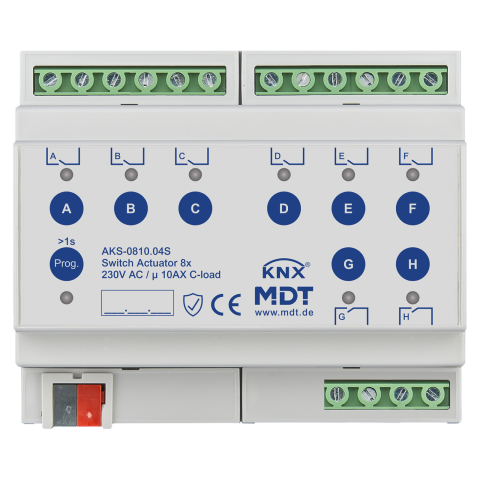 KNX spínací aktor 8násobný, řada AKS, 6M, 10A, 230 V, 140μF, Secure