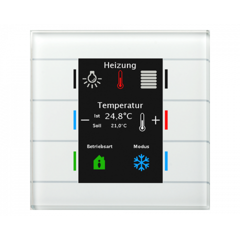 Skleněný KNX ovladač s barevným displejem, bílý, měření teploty