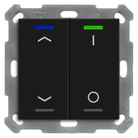KNX 4tlačítko 55x55 mm, RGBW LED, potisk žaluzie a 0/1, matná černá