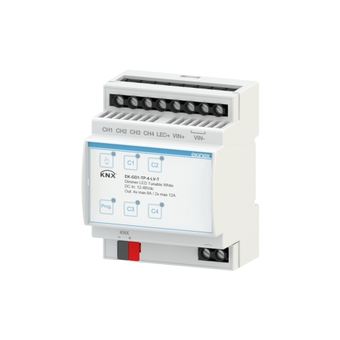 KNX stmívač 12–48 V, 4 kanály, TunableWhite, na DIN lištu