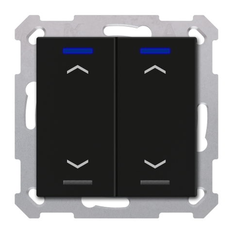 KNX RF+ 4tlačítko 55x55 mm, 2 výstupy, teplota, potisk žaluzie, černé, Secure