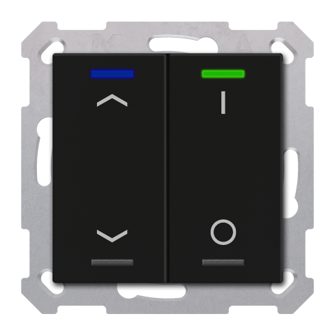 KNX RF+ 4tlačítko 55x55 mm, 2 výstupy, teplota, potisk žal/0/1, černé, Secure