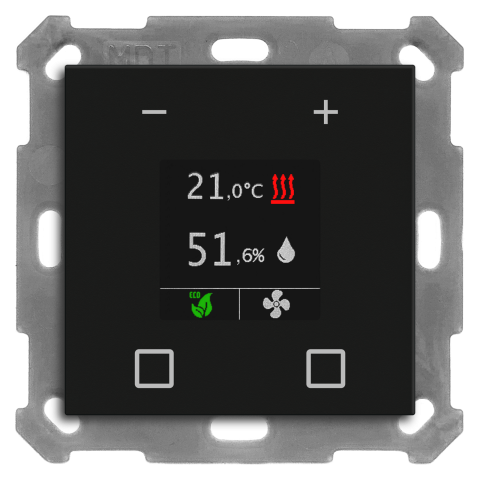 KNX termostat s displejem, 55x55 mm, čidlo teploty a vlhkosti, matná černá