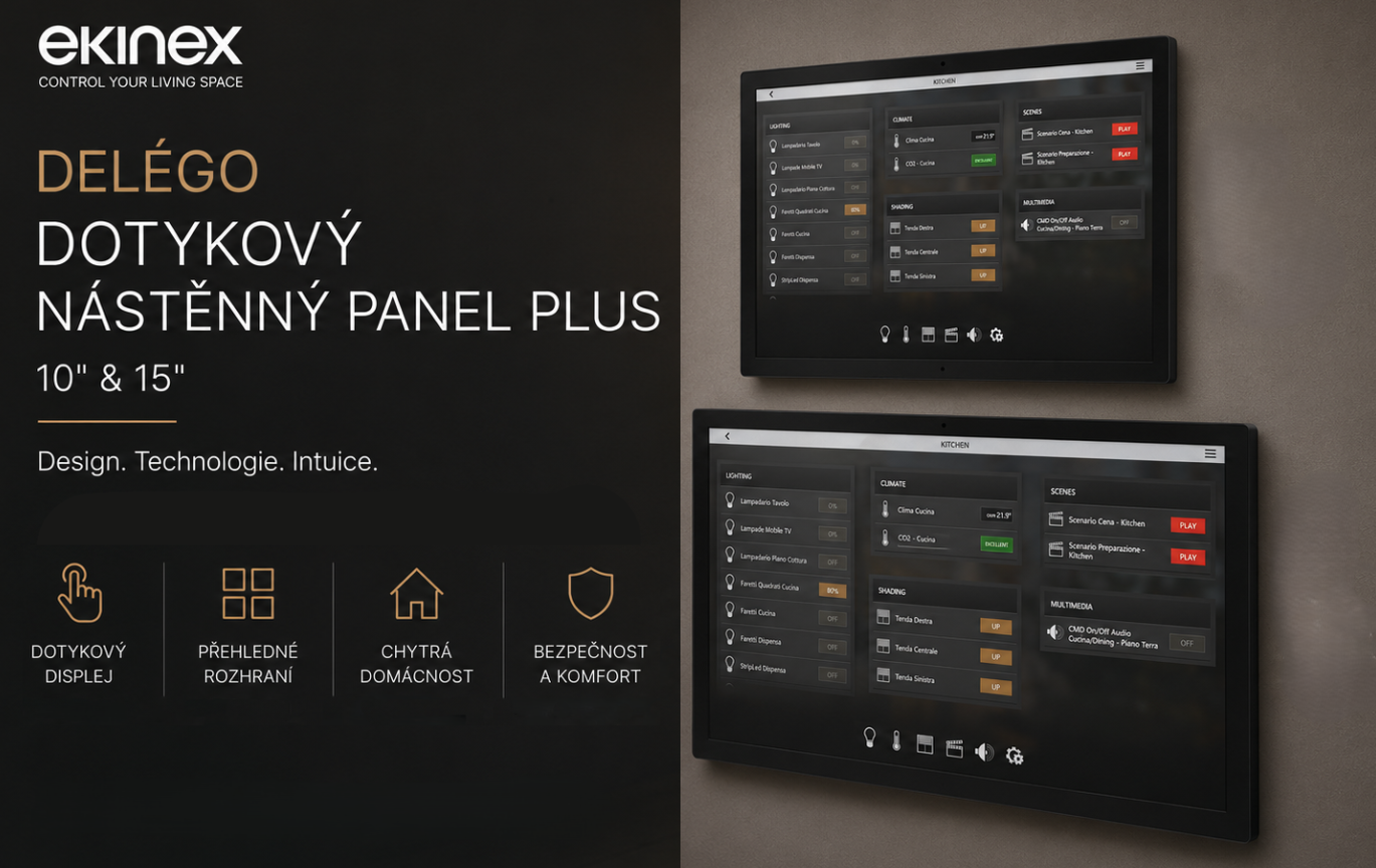 Objevte panely Delégo 10 a 15 v kombinaci se stojánky pro elegantní umístění a pohodlné ovládání.