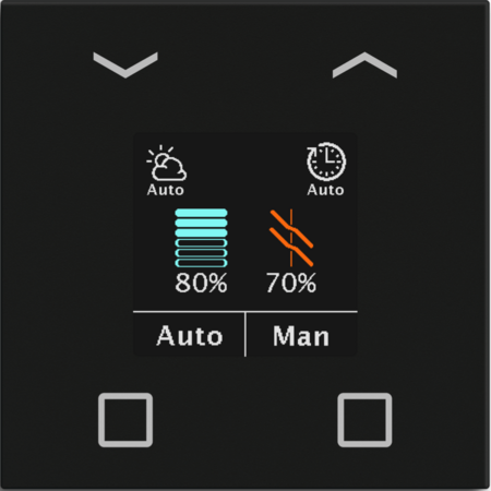 Na žaluziovém vypínači s displejem přehledně vidíte nejen aktuální pozici stínění, ale zobrazí se na něm například i varování před silným větrem.